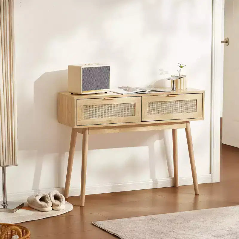 VEVOR Consolle in Rattan con 2 Cassetti Contenitori, Tavolo da Ingresso in Rattan con Ante Scorrevoli in Rattan Naturale, Tavolo Consolle Divano, Naturale
