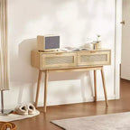 VEVOR Consolle in Rattan con 2 Cassetti Contenitori, Tavolo da Ingresso in Rattan con Ante Scorrevoli in Rattan Naturale, Tavolo Consolle Divano, Naturale