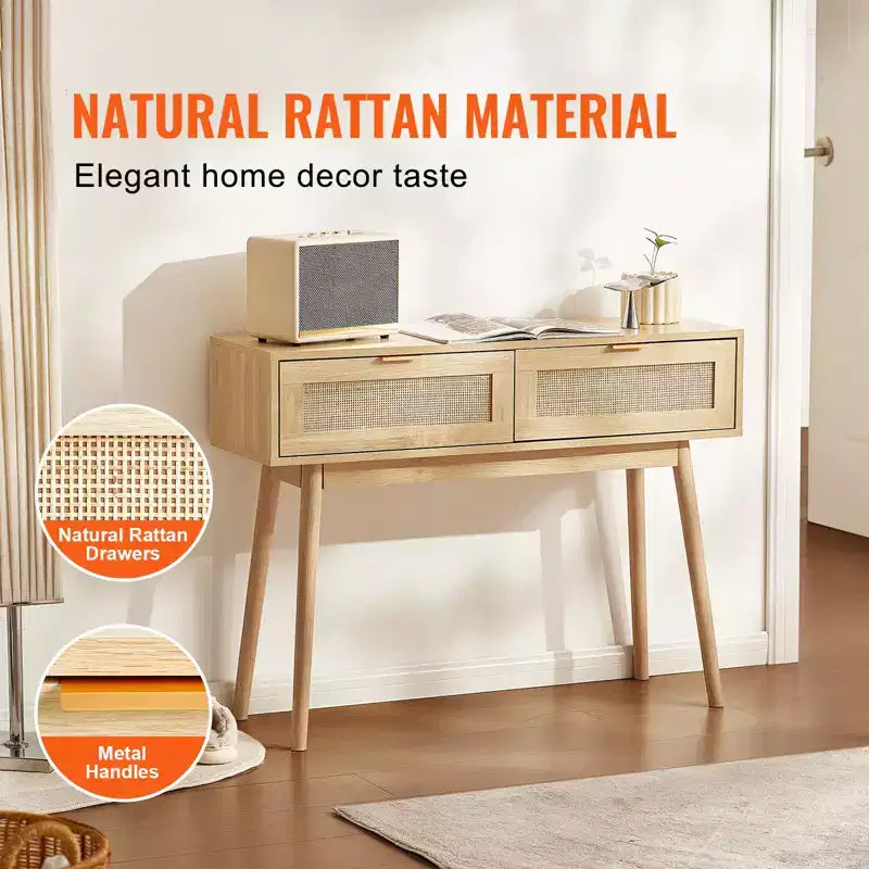 VEVOR Consolle in Rattan con 2 Cassetti Contenitori, Tavolo da Ingresso in Rattan con Ante Scorrevoli in Rattan Naturale, Tavolo Consolle Divano, Naturale