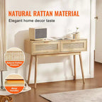 VEVOR Consolle in Rattan con 2 Cassetti Contenitori, Tavolo da Ingresso in Rattan con Ante Scorrevoli in Rattan Naturale, Tavolo Consolle Divano, Naturale