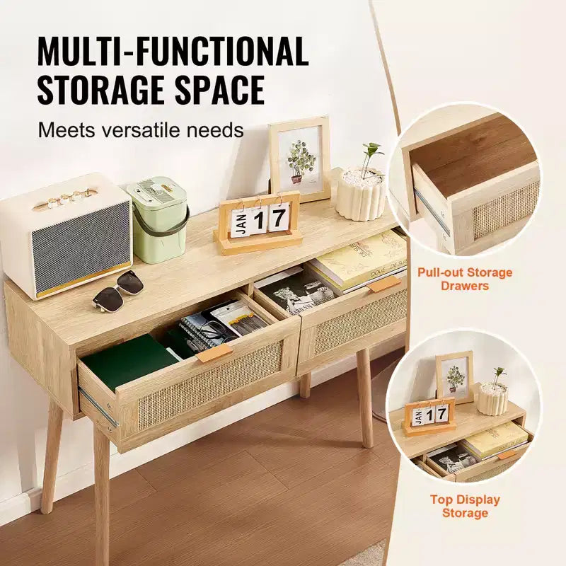 VEVOR Consolle in Rattan con 2 Cassetti Contenitori, Tavolo da Ingresso in Rattan con Ante Scorrevoli in Rattan Naturale, Tavolo Consolle Divano, Naturale