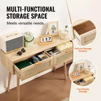VEVOR Consolle in Rattan con 2 Cassetti Contenitori, Tavolo da Ingresso in Rattan con Ante Scorrevoli in Rattan Naturale, Tavolo Consolle Divano, Naturale
