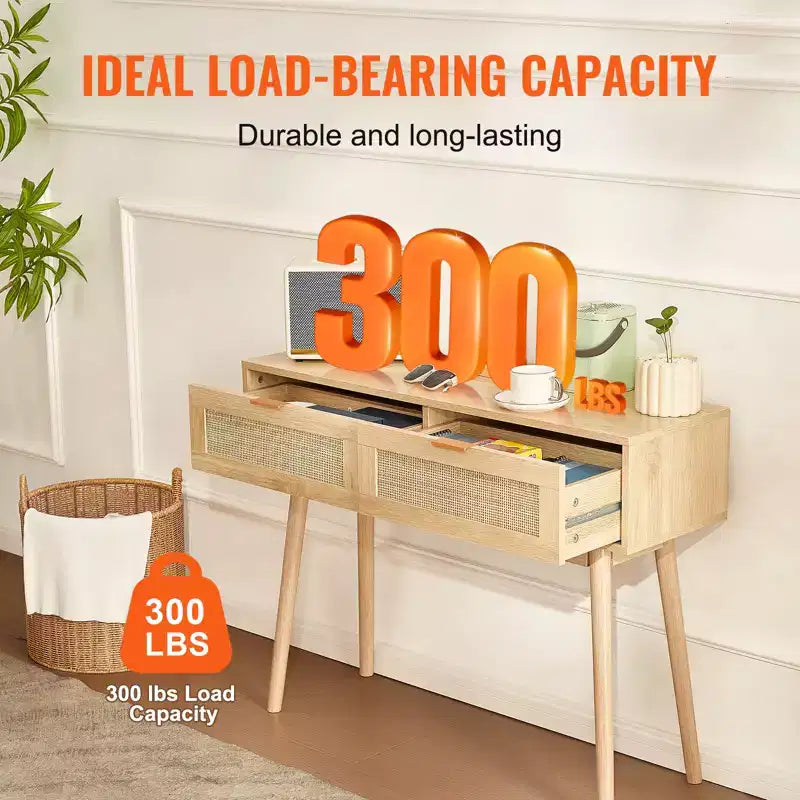 VEVOR Consolle in Rattan con 2 Cassetti Contenitori, Tavolo da Ingresso in Rattan con Ante Scorrevoli in Rattan Naturale, Tavolo Consolle Divano, Naturale