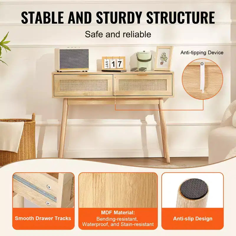 VEVOR Consolle in Rattan con 2 Cassetti Contenitori, Tavolo da Ingresso in Rattan con Ante Scorrevoli in Rattan Naturale, Tavolo Consolle Divano, Naturale