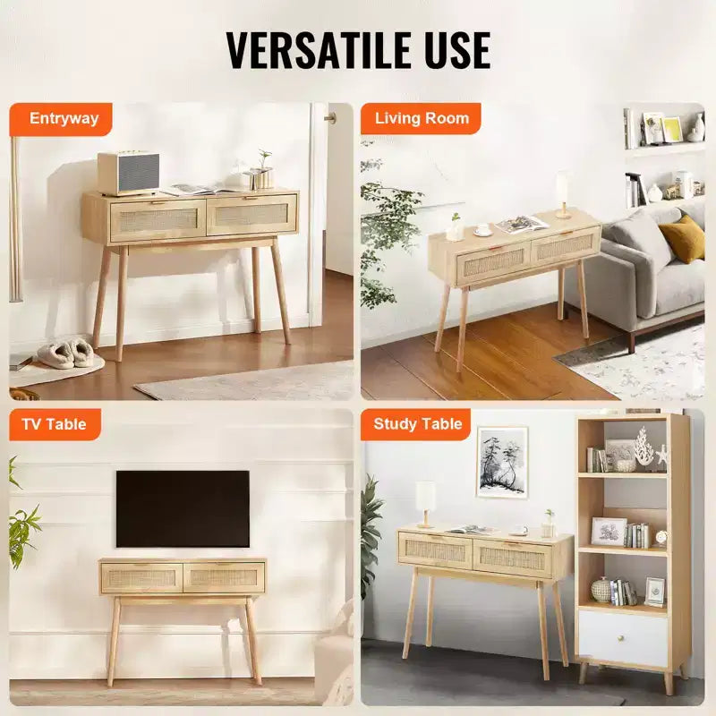 VEVOR Consolle in Rattan con 2 Cassetti Contenitori, Tavolo da Ingresso in Rattan con Ante Scorrevoli in Rattan Naturale, Tavolo Consolle Divano, Naturale
