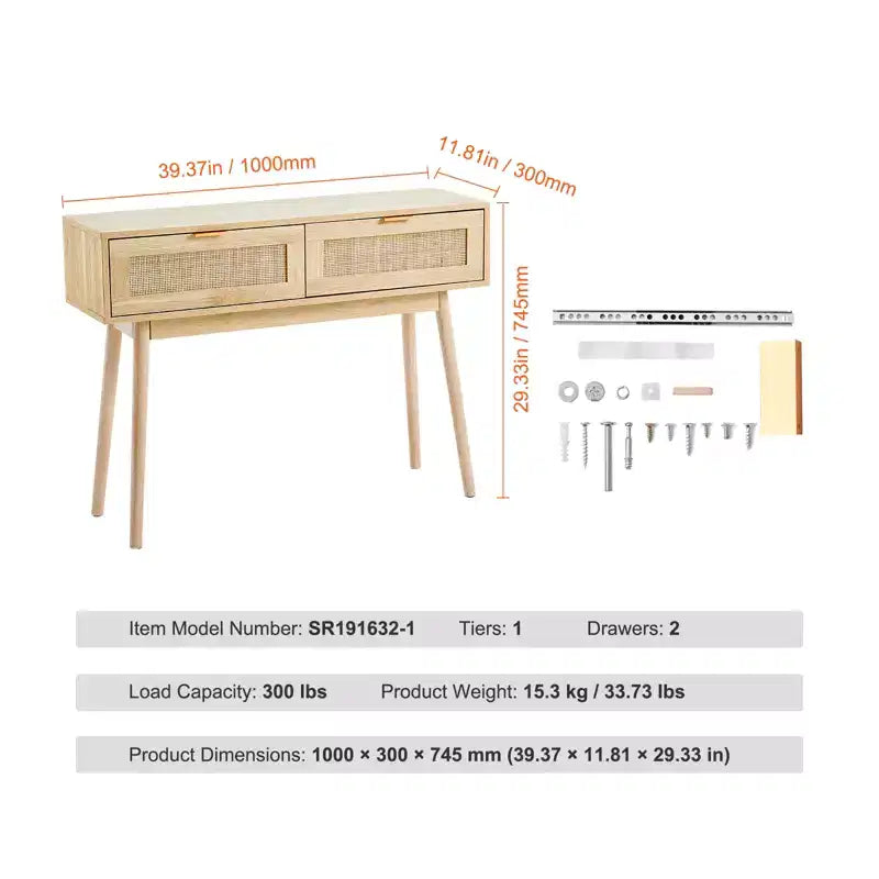 VEVOR Consolle in Rattan con 2 Cassetti Contenitori, Tavolo da Ingresso in Rattan con Ante Scorrevoli in Rattan Naturale, Tavolo Consolle Divano, Naturale