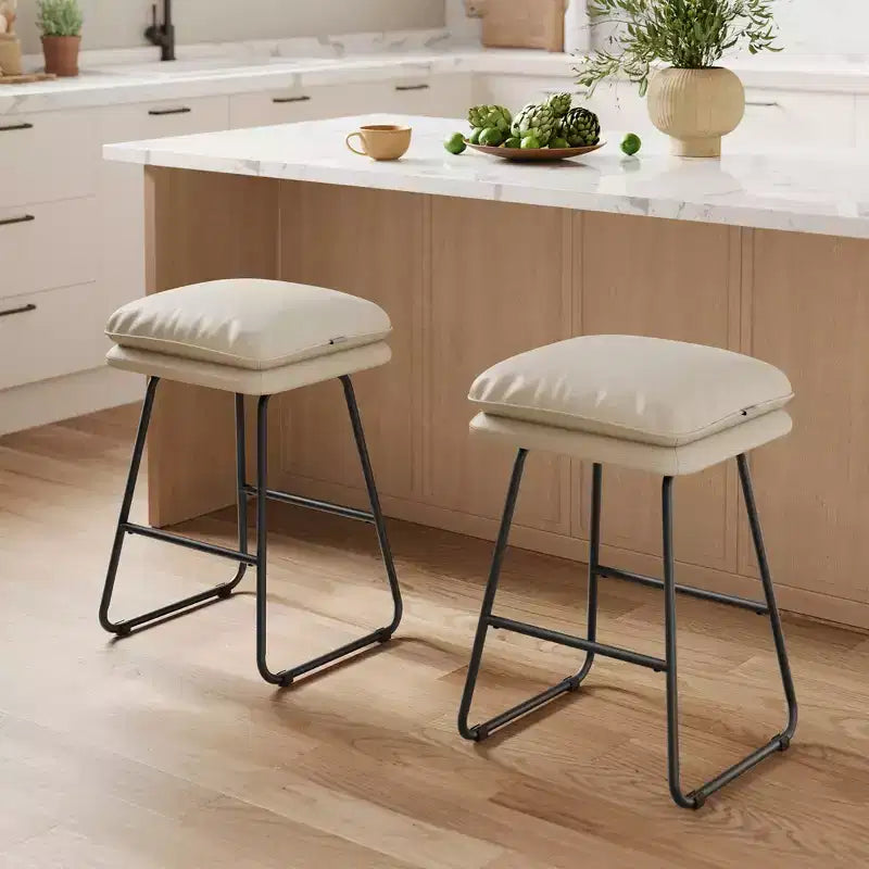 Set of 2 Modern Counter Height Bar Stools, Faux Leather Upholstery with Soft Cushion & Metal Sled Base, 25.6 Inch