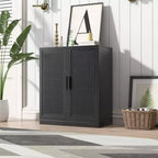 Credenza a Buffet in Legno Venato Nera 36x31x16, Organizzatore Portaoggetti con Ripiani Regolabili e Ante in Rattan per Cucina, Camera da Letto, Ingresso, Soggiorno
