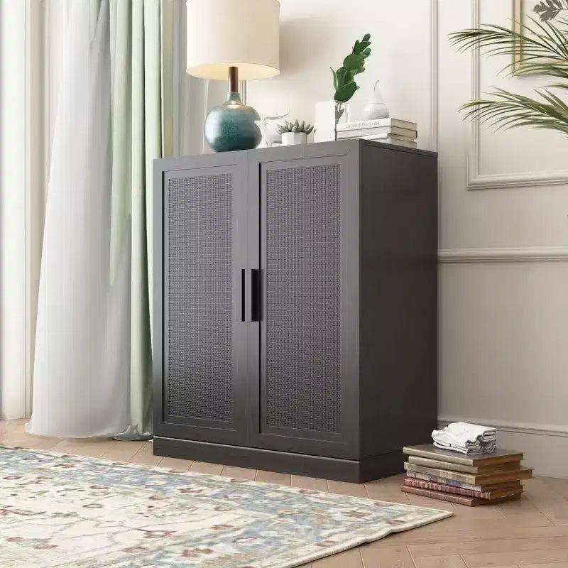 Credenza a Buffet in Legno Venato Nera 36x31x16, Organizzatore Portaoggetti con Ripiani Regolabili e Ante in Rattan per Cucina, Camera da Letto, Ingresso, Soggiorno