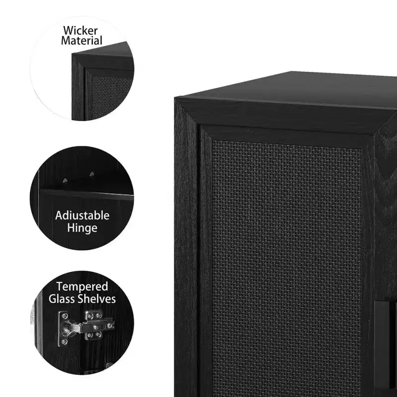 Credenza a Buffet in Legno Venato Nera 36x31x16, Organizzatore Portaoggetti con Ripiani Regolabili e Ante in Rattan per Cucina, Camera da Letto, Ingresso, Soggiorno