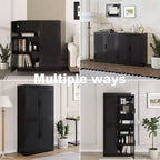 Credenza a Buffet in Legno Venato Nera 36x31x16, Organizzatore Portaoggetti con Ripiani Regolabili e Ante in Rattan per Cucina, Camera da Letto, Ingresso, Soggiorno