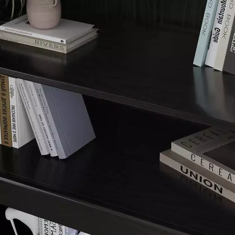 Credenza a Buffet in Legno Venato Nera 36x31x16, Organizzatore Portaoggetti con Ripiani Regolabili e Ante in Rattan per Cucina, Camera da Letto, Ingresso, Soggiorno