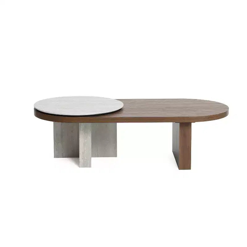 LuxenHome Travertine-Style and Walnut Finish MDF Wood Oval Coffee Table Brown