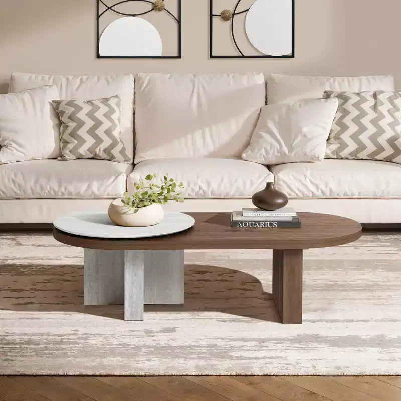 Tavolino da caffè ovale LuxenHome in MDF con effetto travertino e finitura noce, marrone