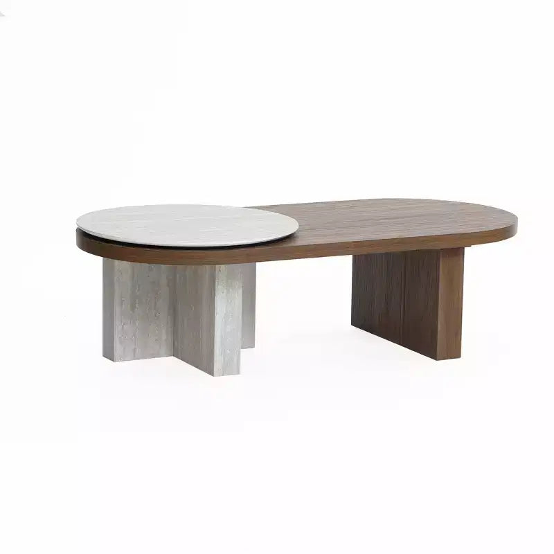 Tavolino da caffè ovale LuxenHome in MDF con effetto travertino e finitura noce, marrone