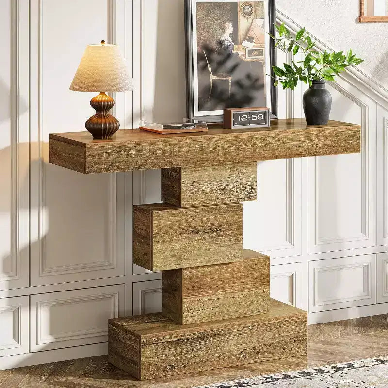 Lantine 42.5 Tavolo Consolle da Fattoria, Tavolino Stretto in Legno da Divano Dietro al Divano con Base Geometrica, Marrone Chiaro