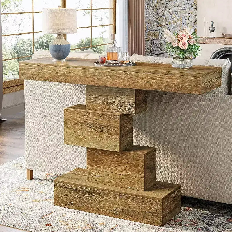 Lantine 42.5 Tavolo Consolle da Fattoria, Tavolino Stretto in Legno da Divano Dietro al Divano con Base Geometrica, Marrone Chiaro