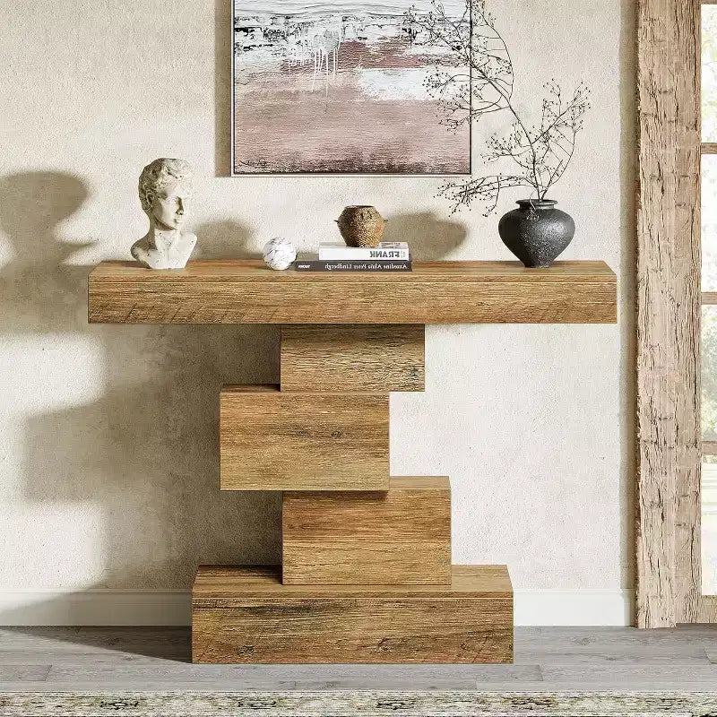 Lantine 42.5 Tavolo Consolle da Fattoria, Tavolino Stretto in Legno da Divano Dietro al Divano con Base Geometrica, Marrone Chiaro