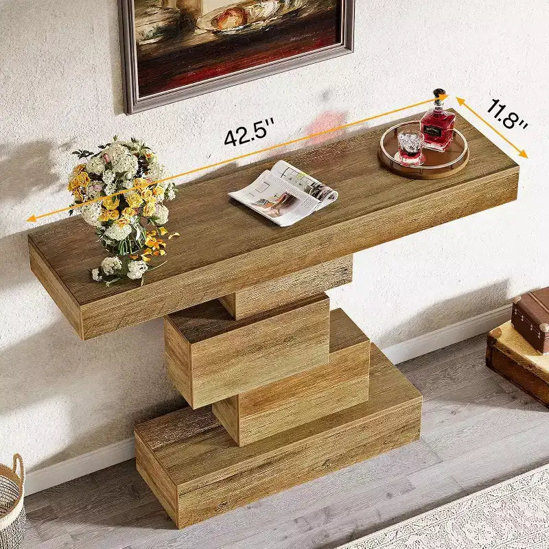 Lantine 42.5 Tavolo Consolle da Fattoria, Tavolino Stretto in Legno da Divano Dietro al Divano con Base Geometrica, Marrone Chiaro