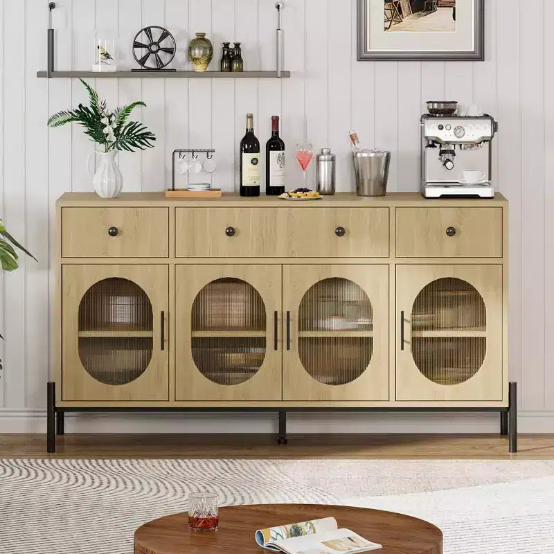 Mobile credenza grande da 157 cm con contenitore e 3 cassetti, mobile buffet con 4 ante in vetro per sala da pranzo, soggiorno, cucina