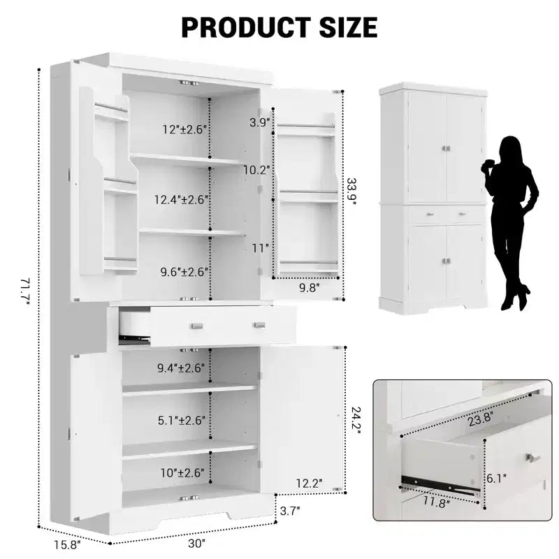 Dispensa da cucina alta 183 cm, con 2 cassetti, 2 armadietti, 3 ripiani regolabili, 6 mensole sullo sportello, mobiletto indipendente per cucina e soggiorno