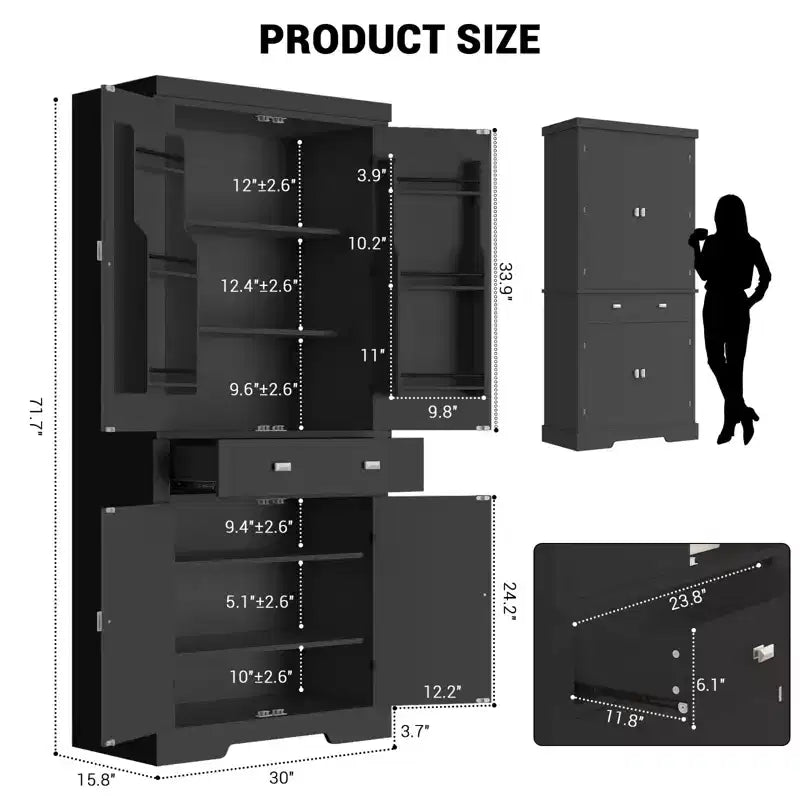 Dispensa da cucina alta 183 cm, con 2 cassetti, 2 armadietti, 3 ripiani regolabili, 6 mensole sullo sportello, mobiletto indipendente per cucina e soggiorno