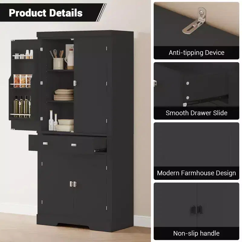 Dispensa da cucina alta 183 cm, con 2 cassetti, 2 armadietti, 3 ripiani regolabili, 6 mensole sullo sportello, mobiletto indipendente per cucina e soggiorno