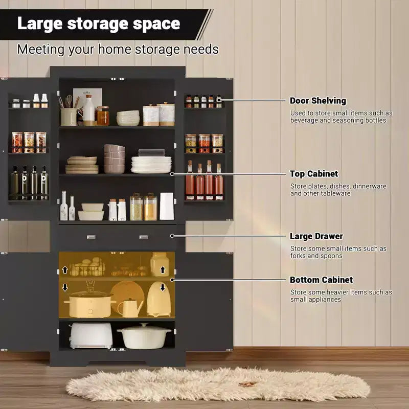 Dispensa da cucina alta 183 cm, con 2 cassetti, 2 armadietti, 3 ripiani regolabili, 6 mensole sullo sportello, mobiletto indipendente per cucina e soggiorno