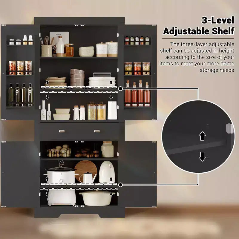 Dispensa da cucina alta 183 cm, con 2 cassetti, 2 armadietti, 3 ripiani regolabili, 6 mensole sullo sportello, mobiletto indipendente per cucina e soggiorno