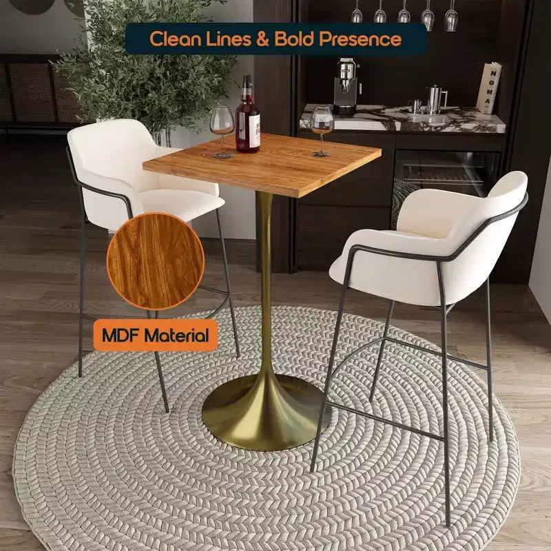LeisureMod Verve Tavolo da pranzo quadrato altezza bar 24 - Tavolo moderno con piano in MDF e base a piedistallo in oro spazzolato altezza bancone per cucina, casa e pub