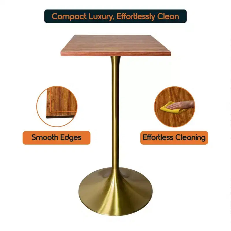 LeisureMod Verve Tavolo da pranzo quadrato altezza bar 24 - Tavolo moderno con piano in MDF e base a piedistallo in oro spazzolato altezza bancone per cucina, casa e pub