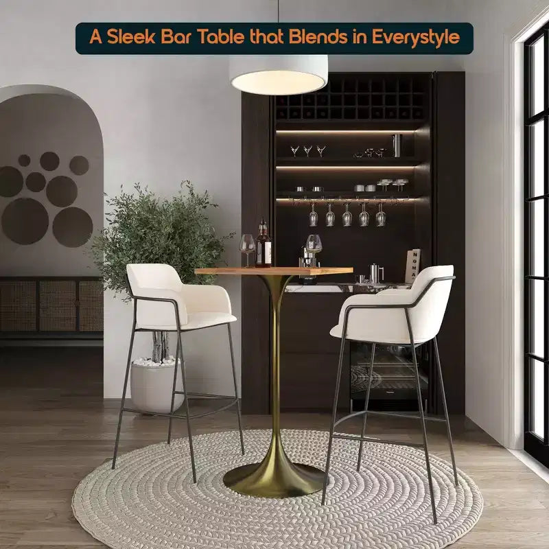 LeisureMod Verve Tavolo da pranzo quadrato altezza bar 24 - Tavolo moderno con piano in MDF e base a piedistallo in oro spazzolato altezza bancone per cucina, casa e pub