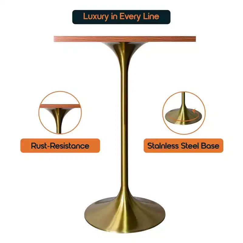 LeisureMod Verve Tavolo da pranzo quadrato altezza bar 24 - Tavolo moderno con piano in MDF e base a piedistallo in oro spazzolato altezza bancone per cucina, casa e pub