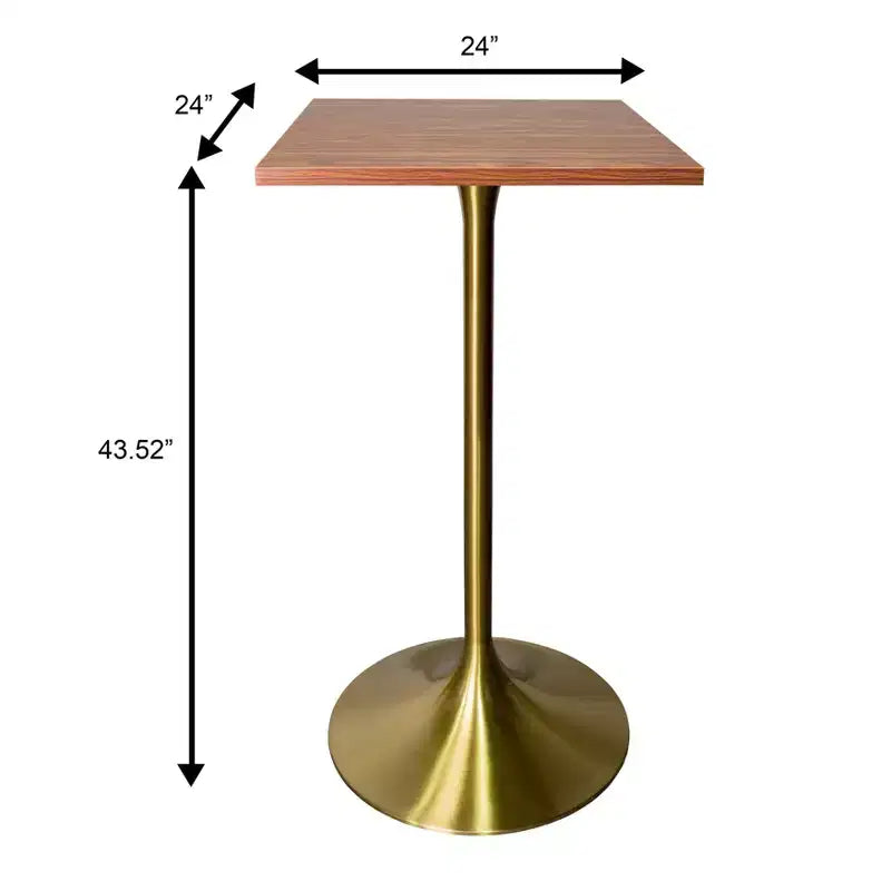 LeisureMod Verve Tavolo da pranzo quadrato altezza bar 24 - Tavolo moderno con piano in MDF e base a piedistallo in oro spazzolato altezza bancone per cucina, casa e pub