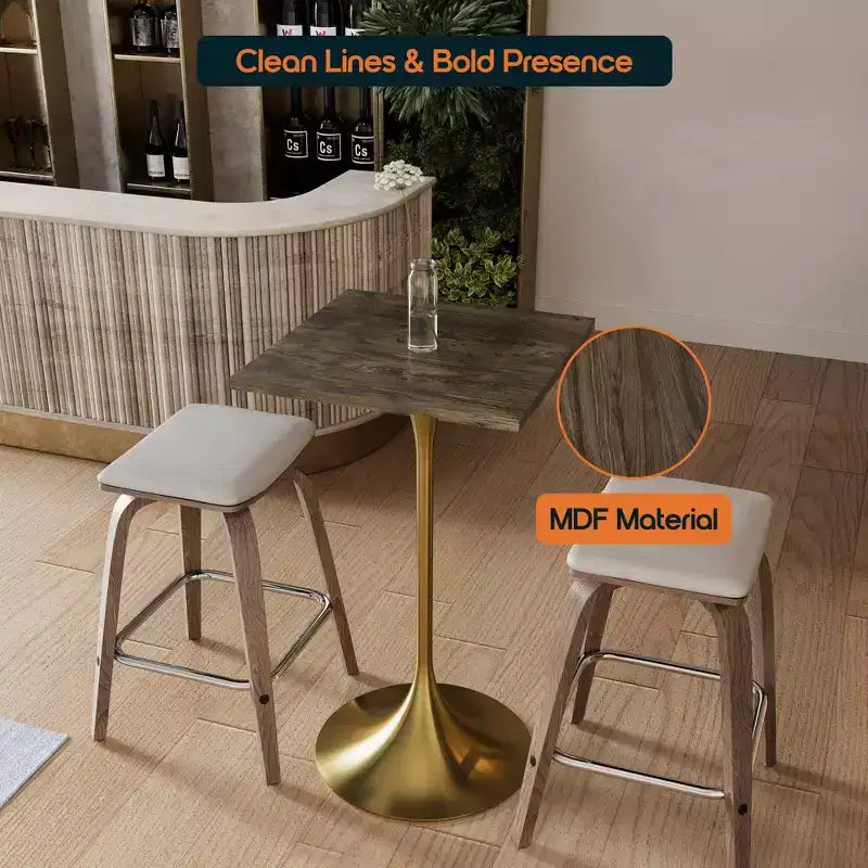 LeisureMod Verve Tavolo da pranzo quadrato altezza bar 24 - Tavolo moderno con piano in MDF e base a piedistallo in oro spazzolato altezza bancone per cucina, casa e pub