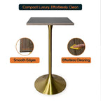 LeisureMod Verve Tavolo da pranzo quadrato altezza bar 24 - Tavolo moderno con piano in MDF e base a piedistallo in oro spazzolato altezza bancone per cucina, casa e pub