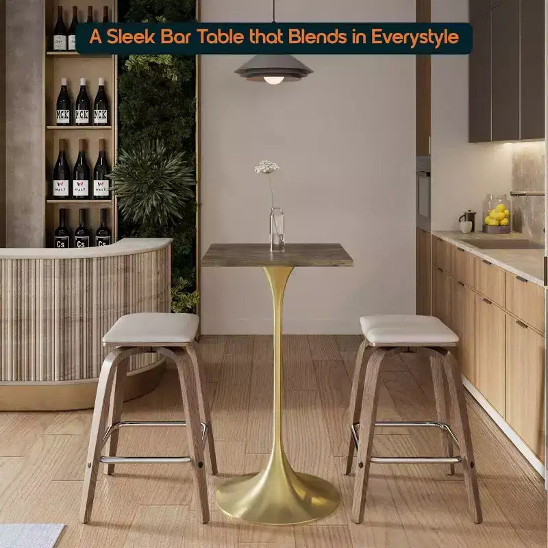 LeisureMod Verve Tavolo da pranzo quadrato altezza bar 24 - Tavolo moderno con piano in MDF e base a piedistallo in oro spazzolato altezza bancone per cucina, casa e pub