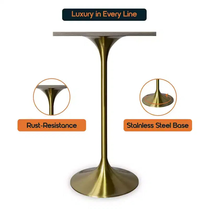 LeisureMod Verve Tavolo da pranzo quadrato altezza bar 24 - Tavolo moderno con piano in MDF e base a piedistallo in oro spazzolato altezza bancone per cucina, casa e pub