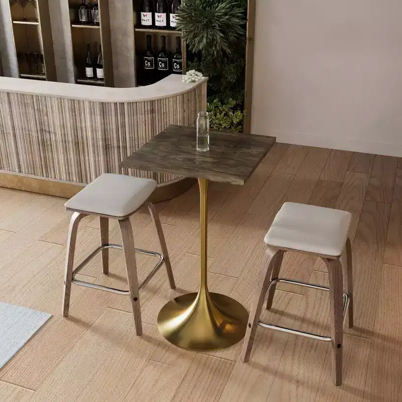 LeisureMod Verve Tavolo da pranzo quadrato altezza bar 24 - Tavolo moderno con piano in MDF e base a piedistallo in oro spazzolato altezza bancone per cucina, casa e pub