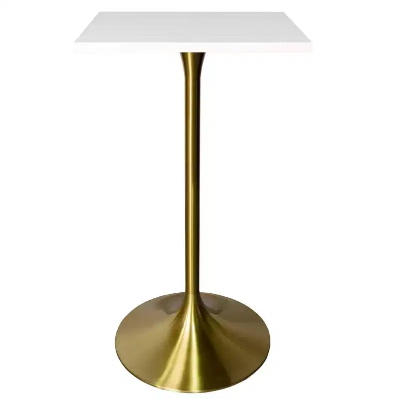 LeisureMod Verve Tavolo da pranzo quadrato altezza bar 24 - Tavolo moderno con piano in MDF e base a piedistallo in oro spazzolato altezza bancone per cucina, casa e pub