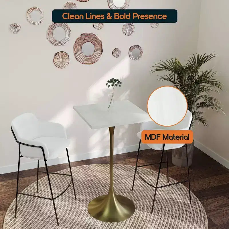 LeisureMod Verve Tavolo da pranzo quadrato altezza bar 24 - Tavolo moderno con piano in MDF e base a piedistallo in oro spazzolato altezza bancone per cucina, casa e pub