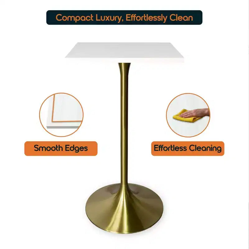 LeisureMod Verve Tavolo da pranzo quadrato altezza bar 24 - Tavolo moderno con piano in MDF e base a piedistallo in oro spazzolato altezza bancone per cucina, casa e pub
