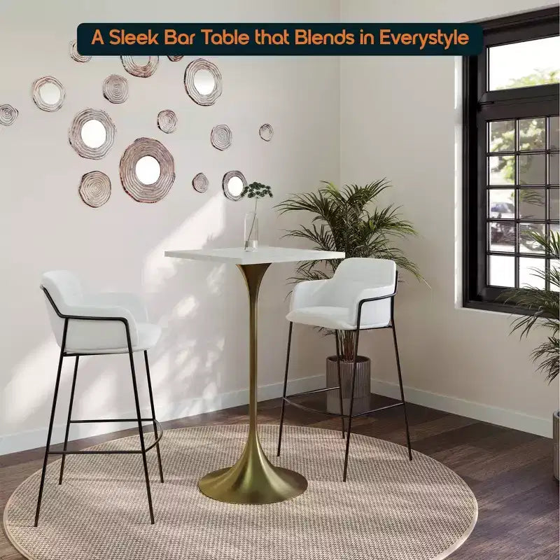 LeisureMod Verve Tavolo da pranzo quadrato altezza bar 24 - Tavolo moderno con piano in MDF e base a piedistallo in oro spazzolato altezza bancone per cucina, casa e pub