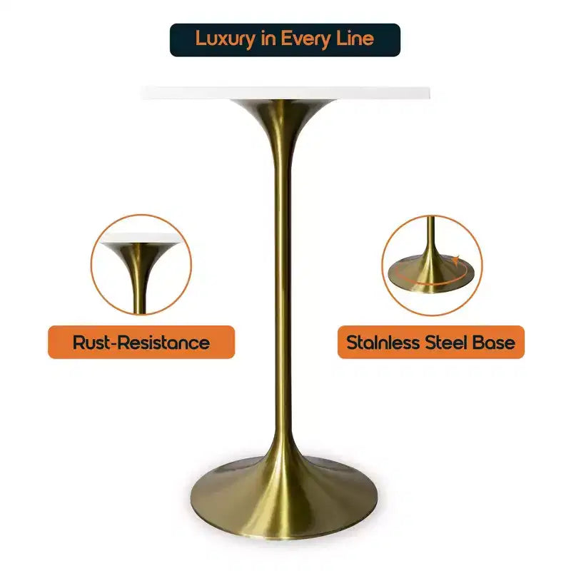 LeisureMod Verve Tavolo da pranzo quadrato altezza bar 24 - Tavolo moderno con piano in MDF e base a piedistallo in oro spazzolato altezza bancone per cucina, casa e pub