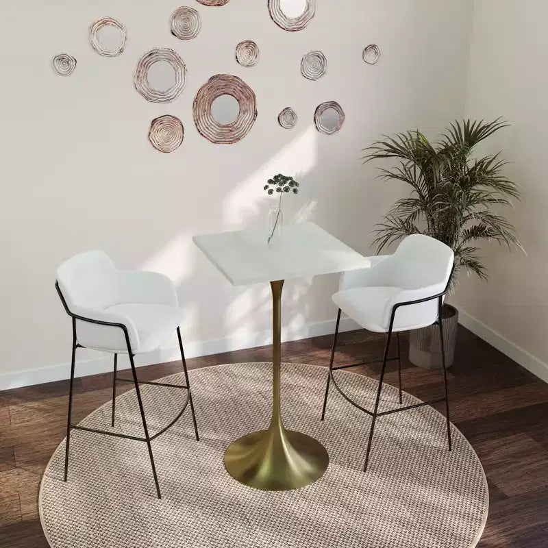 LeisureMod Verve Tavolo da pranzo quadrato altezza bar 24 - Tavolo moderno con piano in MDF e base a piedistallo in oro spazzolato altezza bancone per cucina, casa e pub