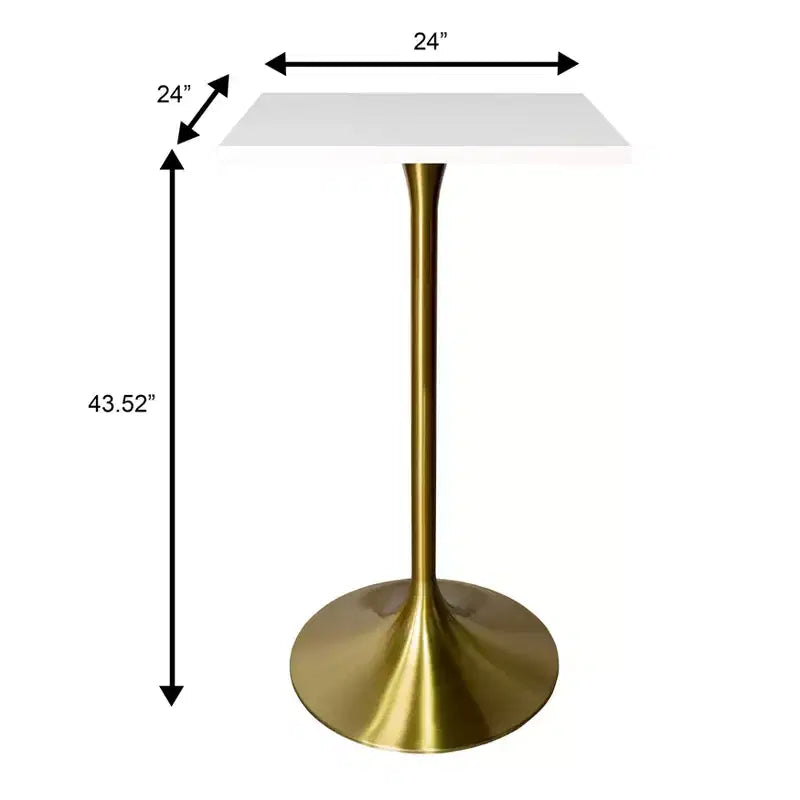 LeisureMod Verve Tavolo da pranzo quadrato altezza bar 24 - Tavolo moderno con piano in MDF e base a piedistallo in oro spazzolato altezza bancone per cucina, casa e pub