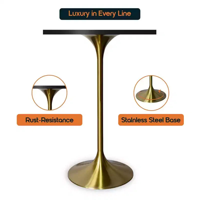 LeisureMod Verve Tavolo da pranzo quadrato altezza bar 24 - Tavolo moderno con piano in MDF e base a piedistallo in oro spazzolato altezza bancone per cucina, casa e pub