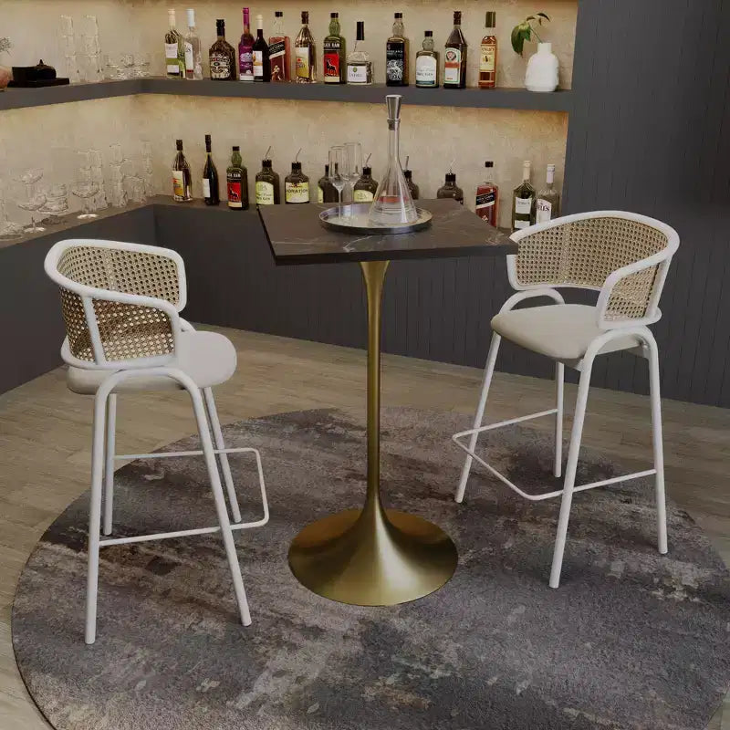 LeisureMod Verve Tavolo da pranzo quadrato altezza bar 24 - Tavolo moderno con piano in MDF e base a piedistallo in oro spazzolato altezza bancone per cucina, casa e pub
