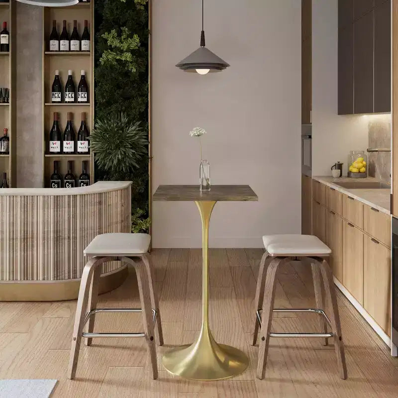 LeisureMod Verve Tavolo da pranzo quadrato altezza bar 24 - Tavolo moderno con piano in MDF e base a piedistallo in oro spazzolato altezza bancone per cucina, casa e pub