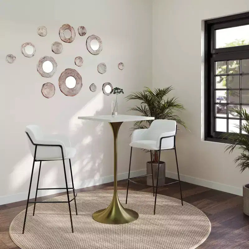 LeisureMod Verve Tavolo da pranzo quadrato altezza bar 24 - Tavolo moderno con piano in MDF e base a piedistallo in oro spazzolato altezza bancone per cucina, casa e pub